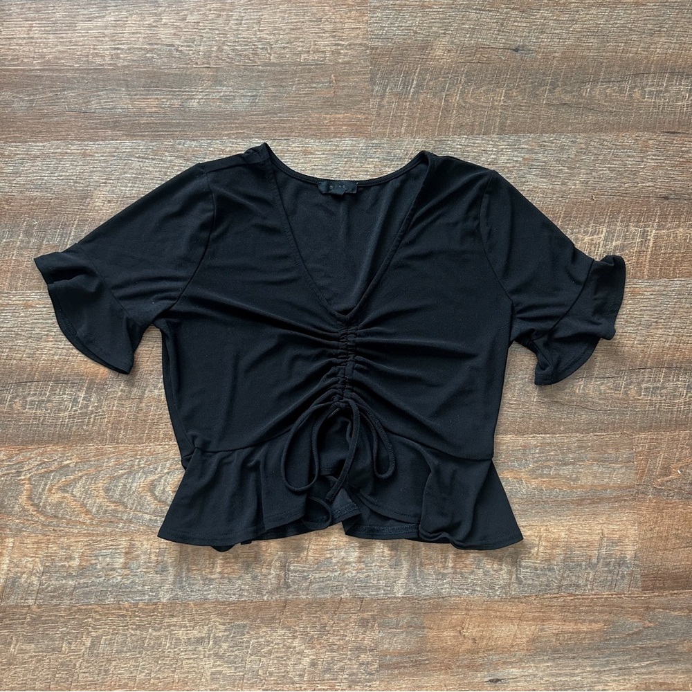 Mine Black Ruched Tie Front Blouse